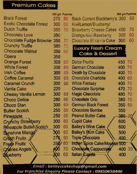 Bailey's The Cake Shop Menu, Menu for Bailey's The Cake Shop, Pimple Saudagar, Pune, Pune