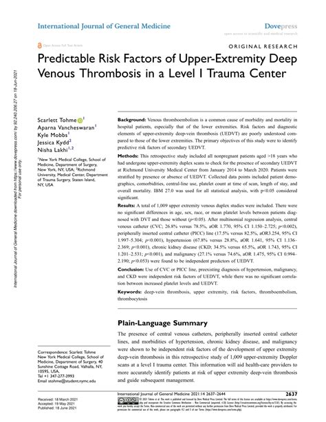 (PDF) Predictable Risk Factors of Upper-Extremity Deep Venous Thrombosis in a Level I Trauma Center