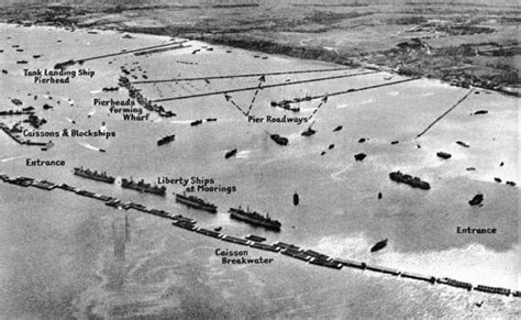 Aerial view of the 'Mulberry Harbour' at Arromanches, one of the ...