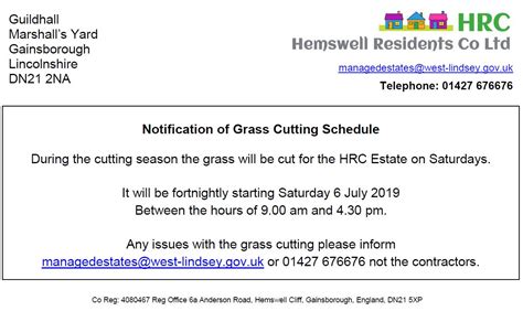 HRC Grass Cutting Schedule - Hemswell Cliff Parish Council