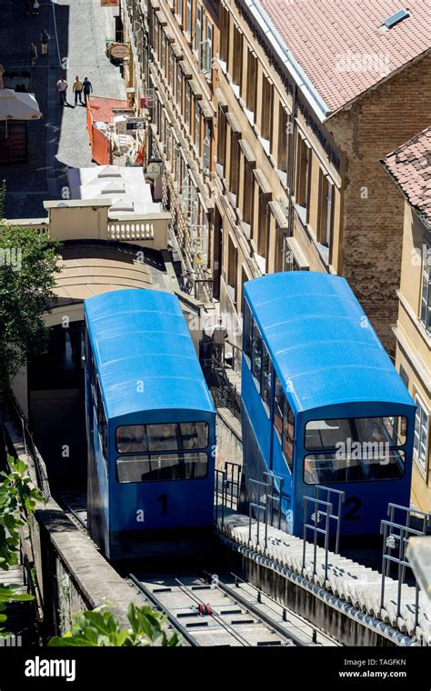 ZAGREB, CROATIA - SEPTEMBER 6, 2015: The Zagreb funicular is one of many tourist attractions in ...