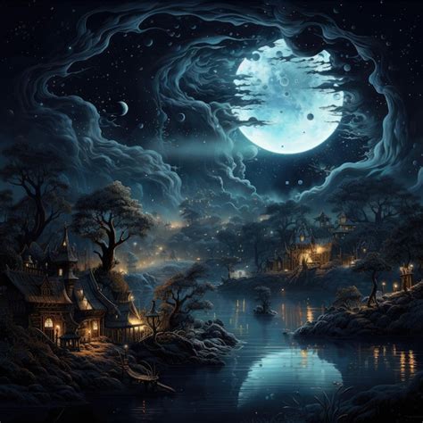 Premium AI Image | a dark night scene with a moon and a lake with a house and a full moon.