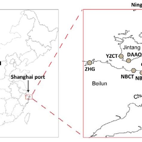 Location of Ningbo-Zhoushan port (left) and container terminals in ...