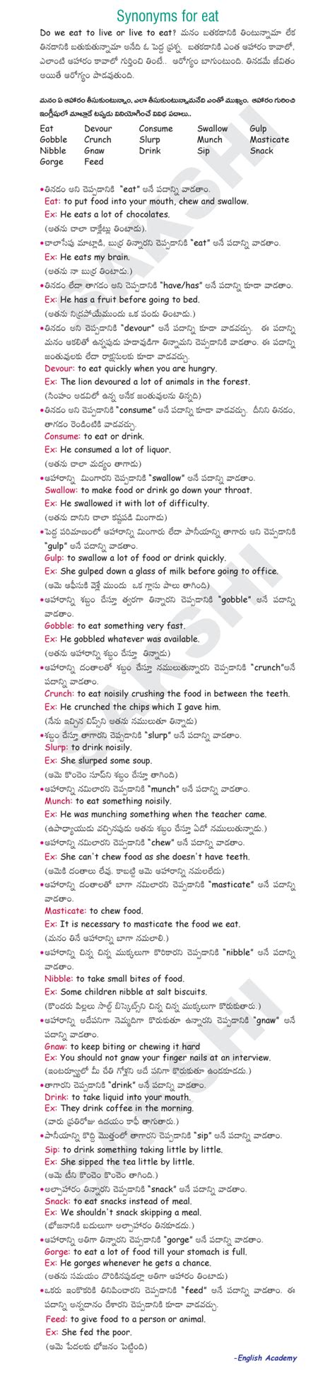 Synonyms for Eat | Sakshi Education