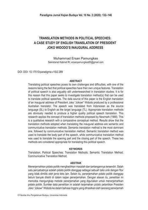 (PDF) TRANSLATION METHODS IN POLITICAL SPEECHES: A CASE STUDY OF ...