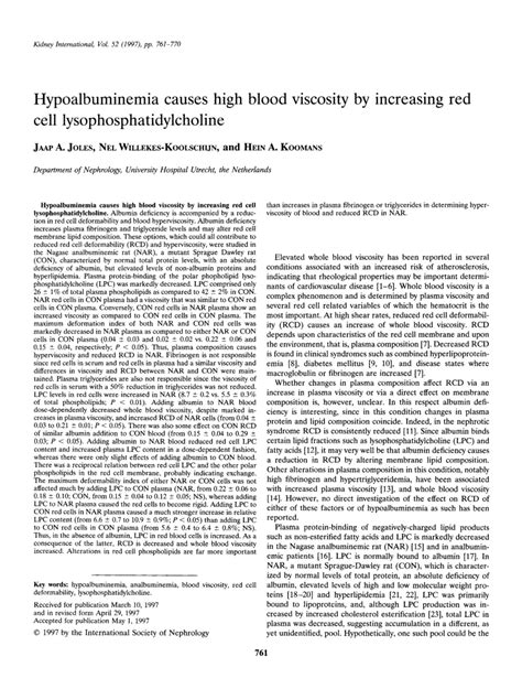 (PDF) Hypoalbuminemia causes high blood viscosity by increasing red cell lysophosphatidylcholine