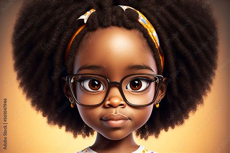 Portrait of a student girl with glasses. Cartoon kid afro hair black ...