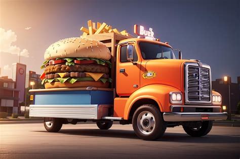 Premium AI Image | 3d rendering of a truck with big burger on ...