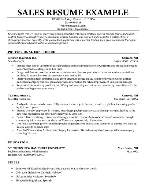 Professional Summary For Sales Resume