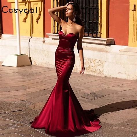 COSYGAL Bodycon Pencil Dress Elegant Strapless Women Party Dresses Maxi Long Dress Red Floor ...