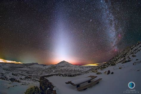 Teide National Park. On Teide volcano the bright zodiacal light stands out. On the right one can ...