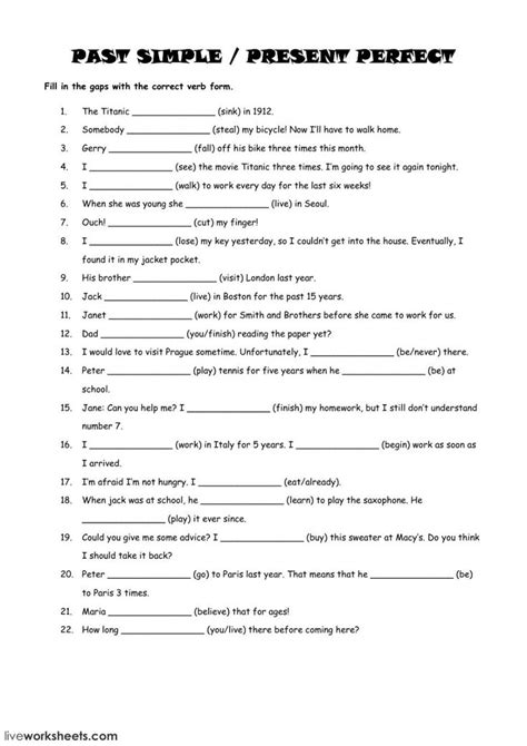 Present Perfect Vs Past Simple Free Exercises Pdf - Tawana Foltz's English Worksheets