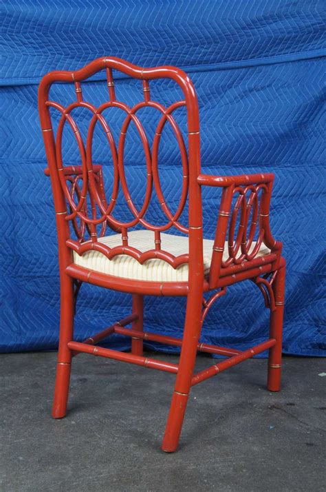 8 Baker Furniture Chinese Chippendale Chinoiserie Red Lacquered Dining Arm Chairs