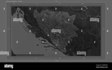 Bosnia and Herzegovina highlighted on a Grayscale elevation map with lakes and rivers map with ...