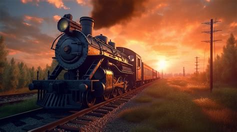 Premium AI Image | A train on the tracks with a sunset in the background