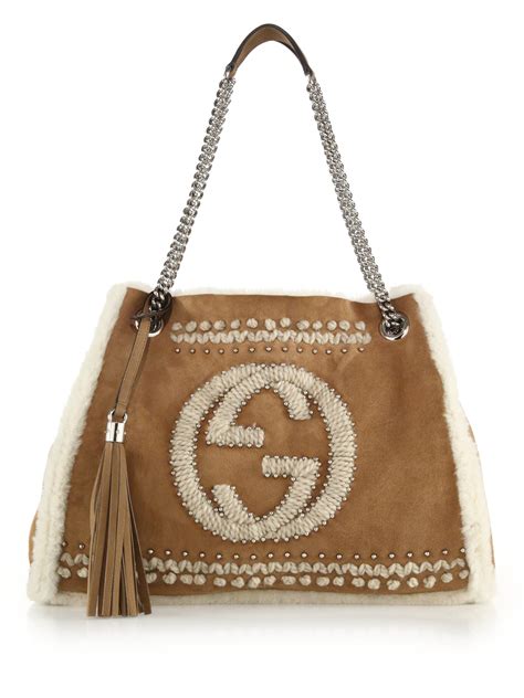 Lyst - Gucci Soho Chain Shearling Shoulder Bag in Brown