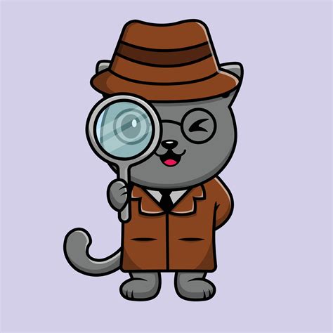 Cute Cat Detective With Magnifying Glass Cartoon Vector Icon ...