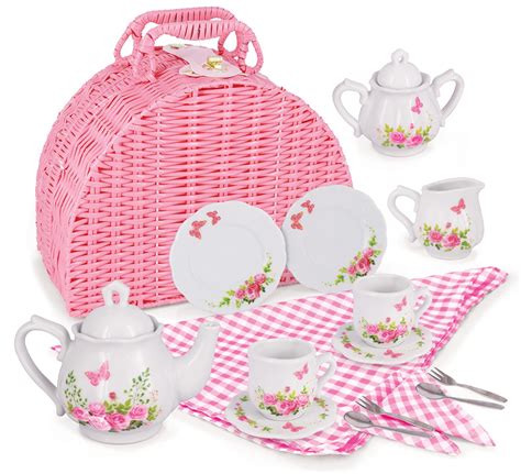 Jewelkeeper Tea Party Set for Little Girls - 18 Piece Porcelain Tea Set with Pink Picnic Basket ...