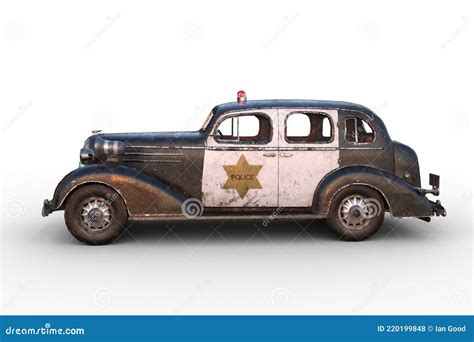 Side View 3D Illustration of a Rusty Dirty Old Vintage Police Car Isolated on White Stock Photo ...