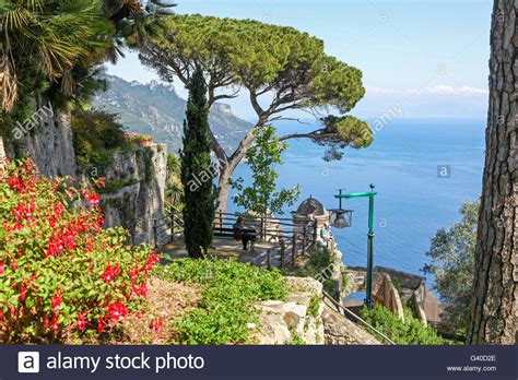 A view of the Amalfi Coast from the formal gardens garden at Villa Rufolo Ravello Amalfi Coast ...