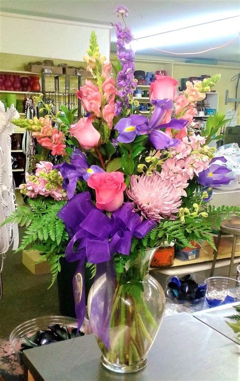 Designs by Dolores ~ Purple and Pink Snapdragon, Roses, Mums,Stock, Irises, and Larkspur vase ...