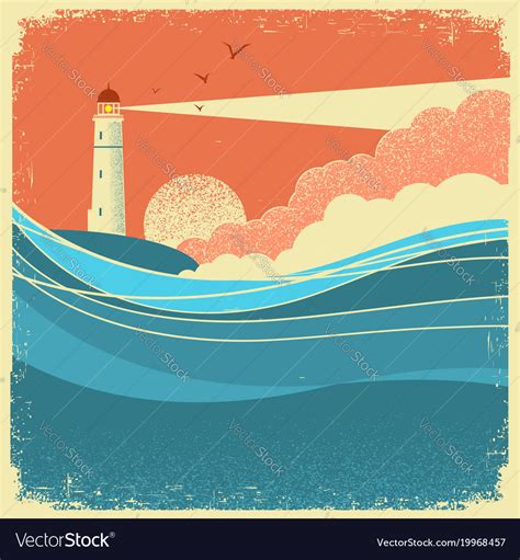 Sea waves with lighthousevintage nature poster Vector Image