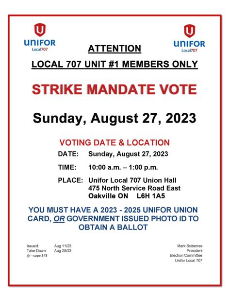 Unifor Local 707 -Ford Unit #1 Members- Strike Vote Sunday August 27th ...