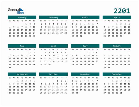 2201 Full-Year Calendar