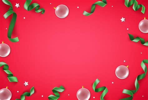 White baubles and green ribbons on red background. Christmas banner ...