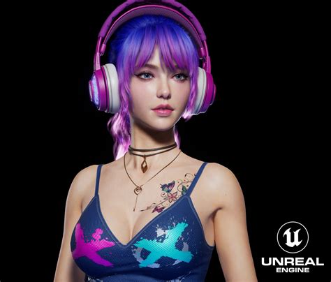 Wallpaper : Long Tai Zi, CGI, women, dyed hair, headphones, colorful, pink, necklace, tattoo ...