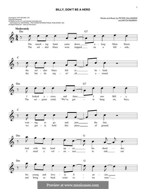 Billy, Don't Be a Hero (Paper Lace) by M. Murray - sheet music on MusicaNeo