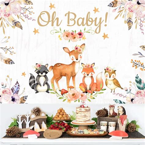 Buy Woodland Baby Shower Backdrop Decorations Jungle Animals Theme Party Supplies Girl Pink ...