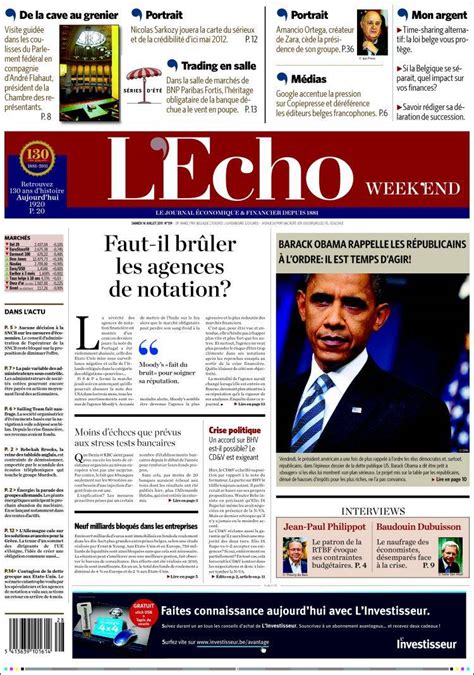 Journal L'Echo (Belgique). Les Unes des journaux de Belgique. Édition ...