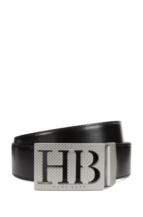 HUGO BOSS Reversible leather belt with statement plaque closure - Black ...