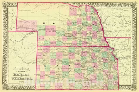 Historic Map : 1877 County & Township Map of the States of Kansas and Nebraska : Vintage Wall ...