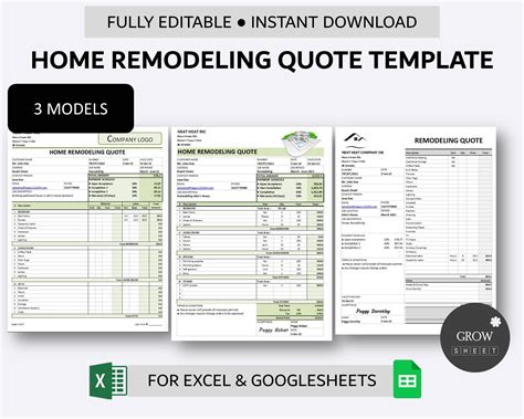 Printable Home Remodeling Quote Template Construction Price Quotation Form for Excel and Google ...