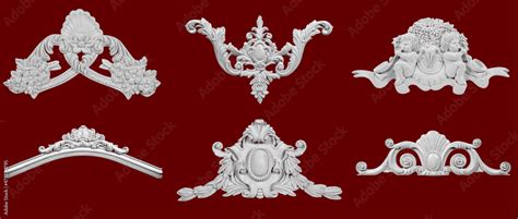 White stucco decorations from plaster with patterns for an interior on a claret background Stock ...