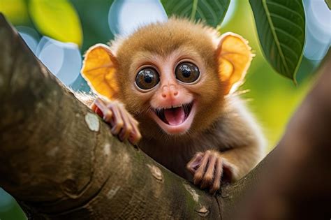 Premium Photo | A small monkey with big eyes and mouth open on a tree ...