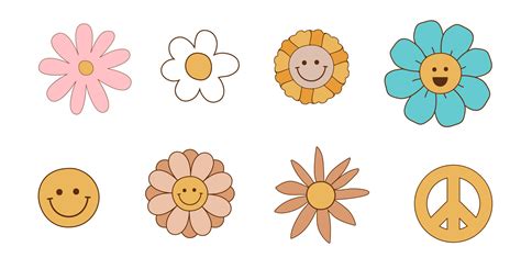 Groovy flowers set. Retro 70s smiling face flowers graphic elements ...