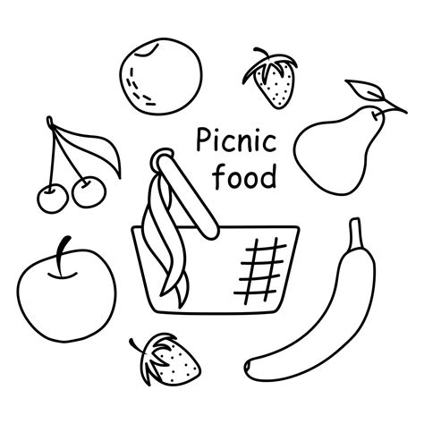 Picnic wicker baskets, fruits, Doodle symbols set. Vector illustration 22346366 Vector Art at ...