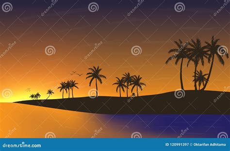 Sunset at Beach Silhouette stock illustration. Illustration of palm - 120991397