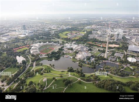 aerial view of Olympic Park (Olympiapark München), Munich, Bavaria ...