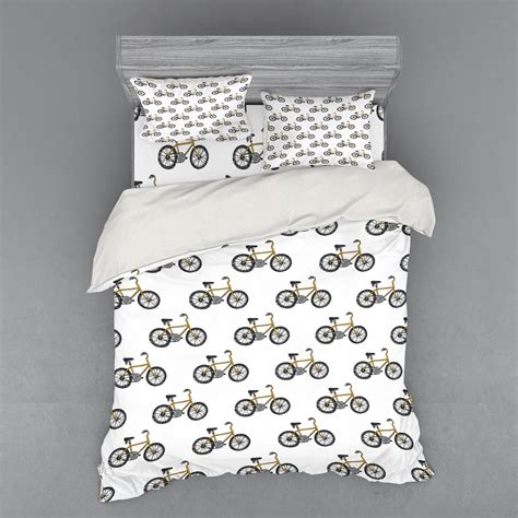 Bicycle Duvet Cover Set, Hand Drawn Doodle Cycling Theme Pattern of Yellow Bike Leisure Hobby ...