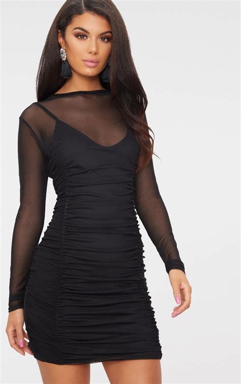 Black Mesh Ruched Long Sleeve High Neck Bodycon Dress | PrettyLittleThing