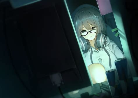 Hoodie Anime Girl With Glasses And Headphones - Anime Wallpaper HD