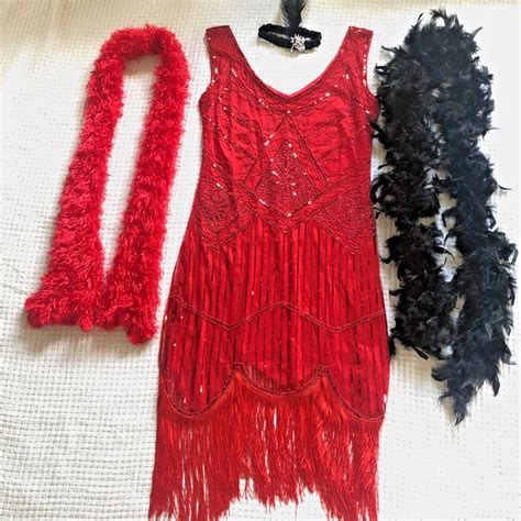 1920s Flapper Great Gatsby Dress Red Sequined Fringed… - Gem