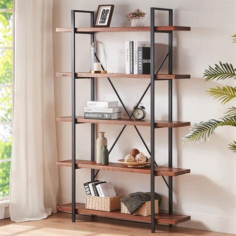 Buy Natural Real Wood Bookcase, 5 Tier Industrial Rustic Vintage ...