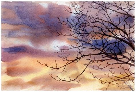 Watercolor Painting of Sky and Clouds at Evening Stock Illustration ...