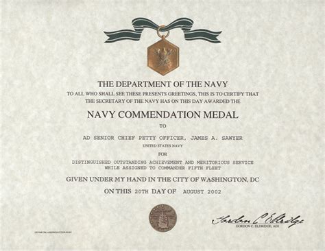 Navy Commendation Medal Certificate