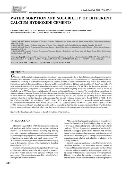 (PDF) Water sorption and solubility of different calcium hydroxide cements